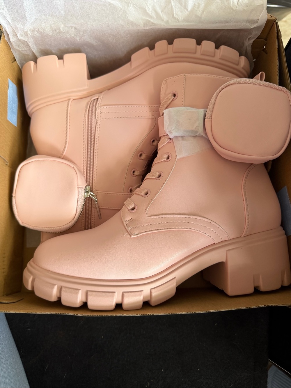 Chunky Lace-Up Combat Boots with Detachable Pouches - Pink